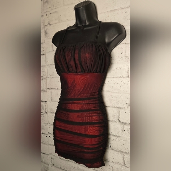 SHEIN Black Red Mesh Ruched Bodycon Mini Dress US 2 - Picture 4 of 13